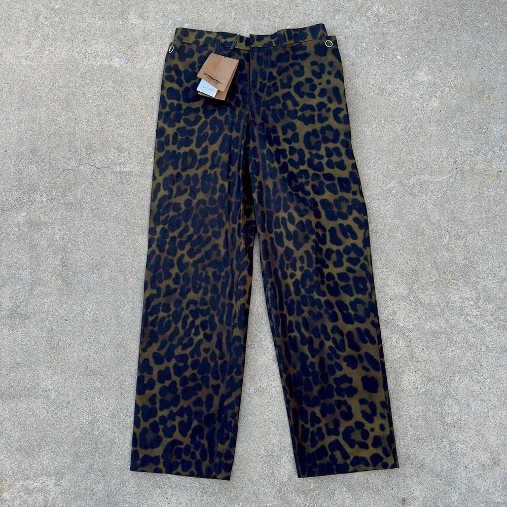 NWT Burberry Leopard Straight Leg Cotton Trousers Khaki Green Men's EU 46 US 36
